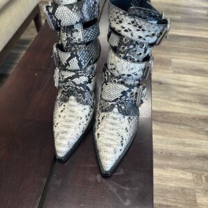 Jeffrey Campbell Pointed Python-Print Buckle Boot in Black & White
